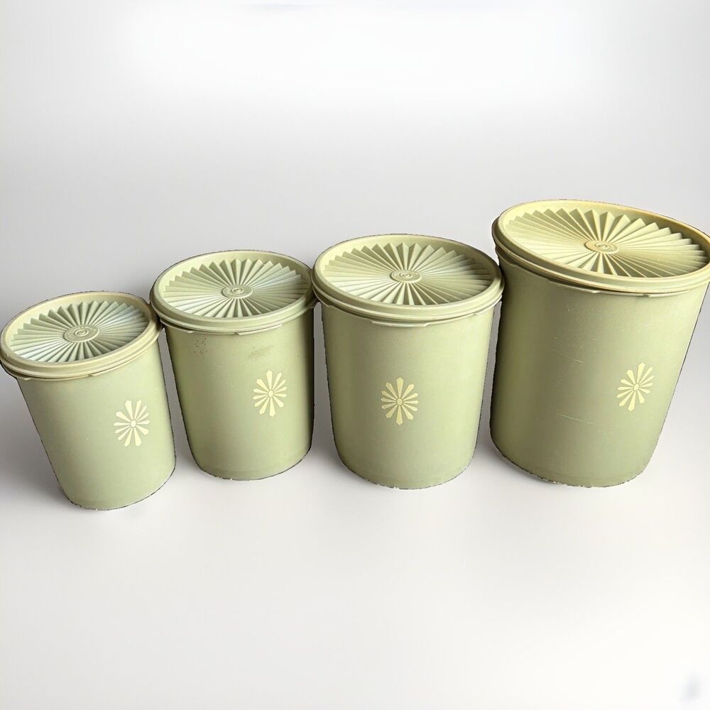 Vtg Tupperware Servalier Nesting Canister Set 1970s Retro Avocado Green Sunburst